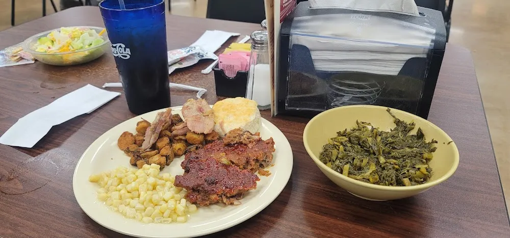 Meatloaf Corn Fried Okra Ham and with a Bowl of Greens